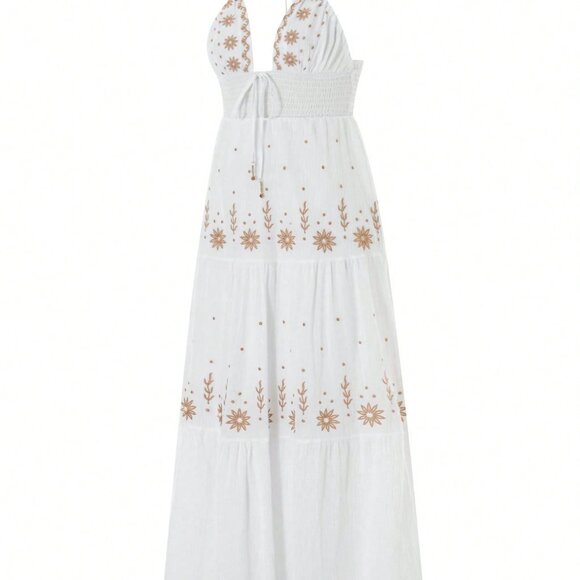 White Boho Women's Floral Embroidery Maxi Sundress - Picture 6 of 7